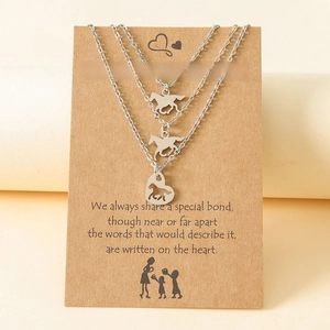 Three-piece mother and daughter horse necklace set on kraft card packaging