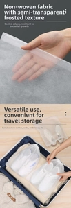 Detail of translucent non-woven shoe storage bag with heat-pressed edges for travel use