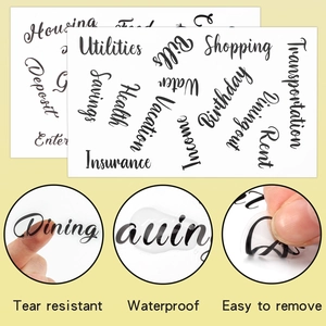 Detail showing waterproof and tear-resistant labels for budget planning notebooks