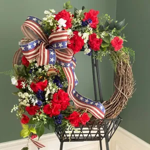 Independence Day Patriotic Wreath Red White Blue Artificial Flowers Rattan Vine Base Stars And Stripes Bow Home Decor