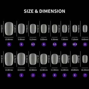 Short matte frosted false nail tips size chart with precise almond and waterdrop dimensions