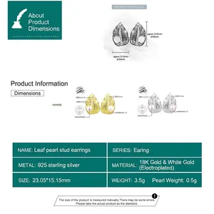 925 silver leaf pearl stud earrings with dimensions 23.05x15.15mm and 18K gold plating