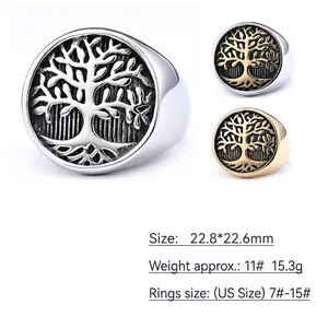 Vintage Tree of Life 316L stainless steel signet ring in silver and gold finishes