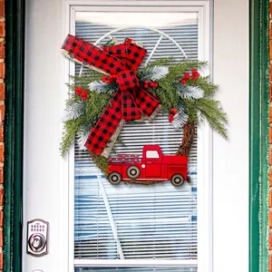 Weihnachts Kranz Mit Rotem LKW Büffel Karo Schleife Bauernhaus Haustür Deko Künstliche Kiefernzweige Beere Feiertags Ornament