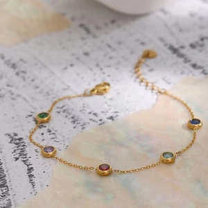 Exquisite 18K gold-plated titanium steel bracelet with five colorful round-cut gemstones