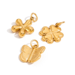 Three-piece gold stainless steel pendants featuring flower, clover, and butterfly shapes