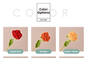 Detail of handmade crochet roses in red, orange and yellow with realistic textures