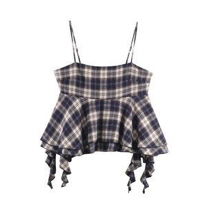 Women Plaid Camisole Top Spaghetti Straps Layered Ruffles Backless Casual Sexy Cropped Tank Acrylic Streetwear