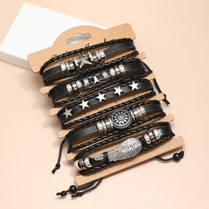 5-piece men's punk multilayer leather bracelet set with silver charms and beads