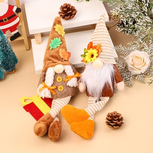 Fall harvest gnome plush set with maple leaf and sunflower hats for Thanksgiving decor