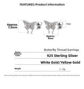 Detailed size chart for 925 sterling silver butterfly stud earrings with dimensions and weight