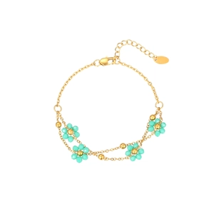 Pulsera de doble cadena dorada con flores de cuentas verde menta y cierre ajustable