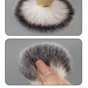 Detailed close-up of soft synthetic fibers and wood handle of the men's shaving brush