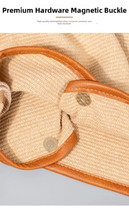 Detail of high-quality golden magnetic closures on a woven beige beach tote bag