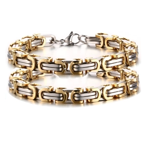 Detailed macro shot of the two-tone gold and silver steel interlocking chain links