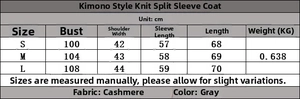Tabella taglie dettagliata per cappotto in maglia di cashmere grigio con misure in cm