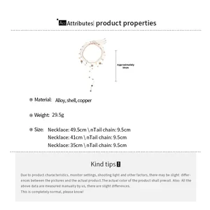 Detailed spec sheet showing layered shell necklace dimensions and material info