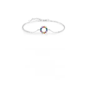 Macro shot of S925 sterling silver bracelet featuring a vibrant rainbow gemstone ring charm