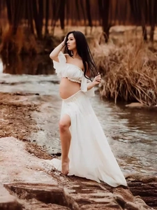 Haut à Volants Épaules Dénudées Et Jupe Maxi Photographie Maternité Robe Blanche En Mousseline De Künstliche Perles Pour Femmes Enceintes