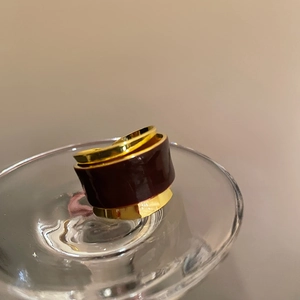 Chic double-layer gold open ring with dark red enamel inlay in a minimalist design
