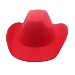 Classic red felt cowboy hat with indented crown and curved brim on white background