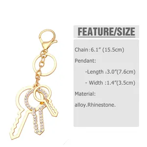 Detailed size chart showing dimensions for alloy rhinestone keychains in 15.5cm total length