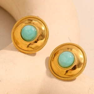 Vintage 18K gold plated stainless steel round earrings with amazonite stone detail