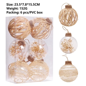 Set of 6 clear Christmas ornaments with pearls, rattan balls and dried flower fillings