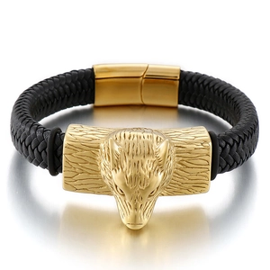 Men's braided leather bracelet featuring a gold wolf head charm and magnetic clasp