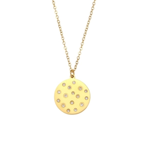 Minimalist gold necklace with a round crystal zircon pendant on a plain white background