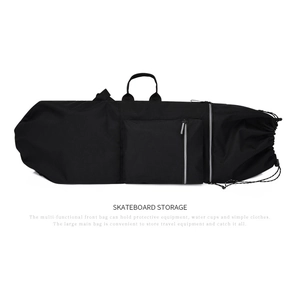 Side view of black waterproof skateboard bag with multi-pockets and drawstring closure