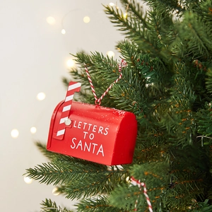 Festive red iron mailbox Christmas tree ornament with Letters to Santa text and snow cap