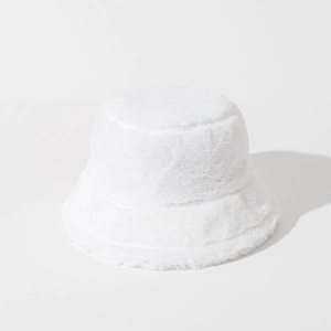 Detail showing the soft texture and thick faux fur fabric of this white winter bucket hat