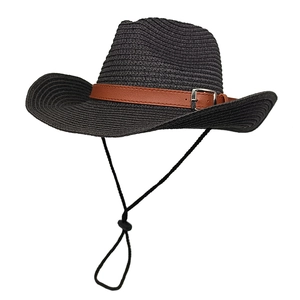 Classic black straw cowboy hat with brown faux leather band and adjustable wind rope for sun protection