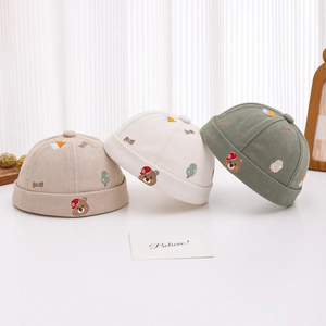 Cute corduroy bear embroidery brimless caps for toddler boys in various autumn colors