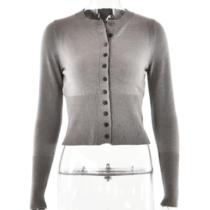 Detail of grey slim fit knit cardigan featuring round neck and eleven brown buttons
