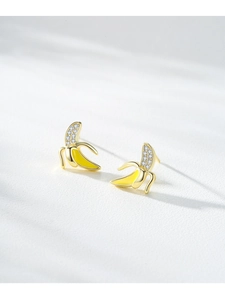 Close-up of S925 silver banana studs with yellow enamel and sparkling crystal pavé