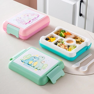 Divided plastic lunch box for kids with spoon and fork, featuring cute dinosaur prints
