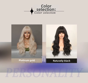 Detail showing long wavy wigs with bangs in platinum gold and natural black colors