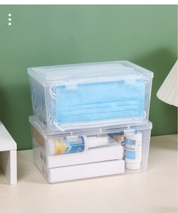Stackable transparent storage box showing face masks and medicine bottles inside
