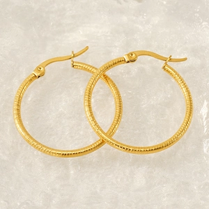 Textured 18k gold plated stainless steel hoop earrings with unique threaded ribbed design