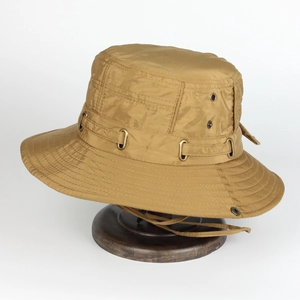 Khaki outdoor sun hat with wide brim, metal vents and windproof drawstring for women