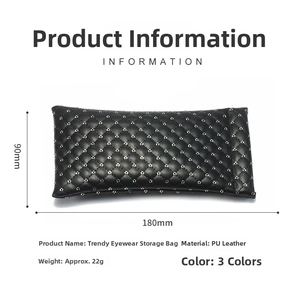 Close-up of black quilted PU leather sunglasses pouch with silver sequins and 18x9cm size