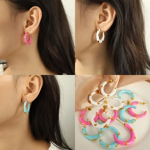 Colorful enamel C-shaped stainless steel earrings with gold heart patterns for women