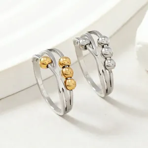 Anxiety Ring Stainless Steel Stress Relief Movable Beads Crossed Line Geometric Fidget Jewelry For Women Men