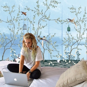 Blue aesthetic tapestry with flowers and birds for bedroom wall decor and cozy dorm room setup