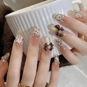 Press On Nails Cat Eye Design With Dimensional Bows Rhinestones Artificial Pearls Nude Brown Gradient Long Almond Fake Nails For Women