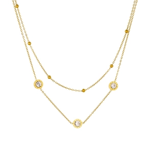 Double-layered golden stainless steel necklace with Roman numeral pendant and beads