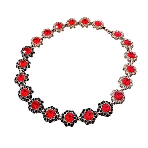 Vintage silver flower necklace with red round gemstones and black crystals in a set