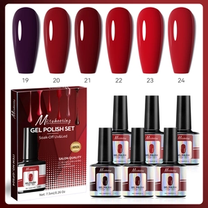 Detailed set of 6-color salon quality soak-off UV LED gel nail polish in classic red tones